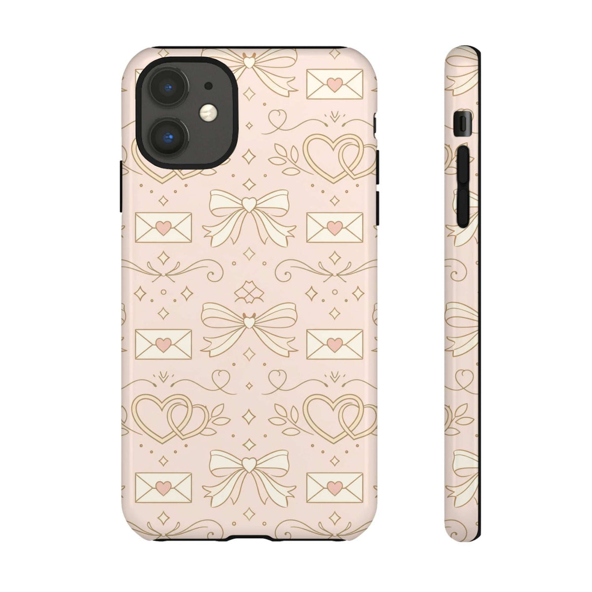 Light pink tough phone case with gold hearts and bows; front and side view showing buttons