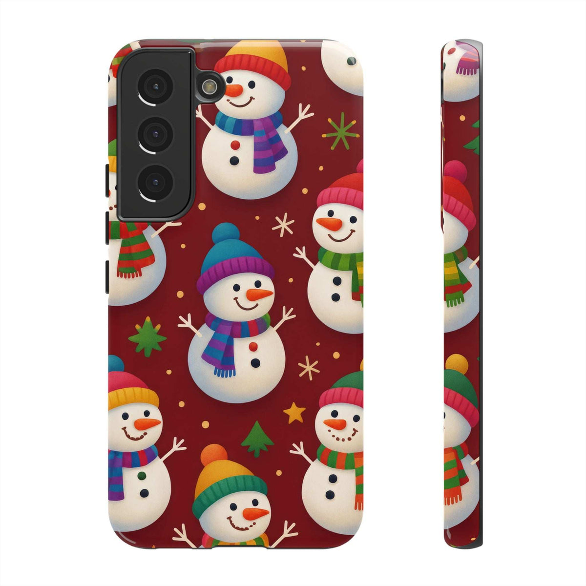 Glossy phone case featuring a winter snowman parade pattern; camera cutouts and button openings.