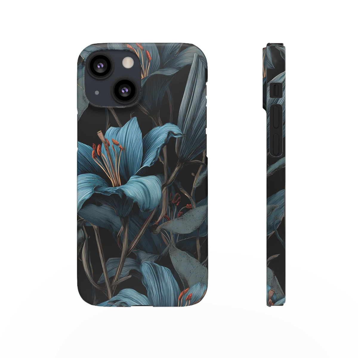 Phone case back view featuring blue floral leaves with dark base and camera lens cutouts