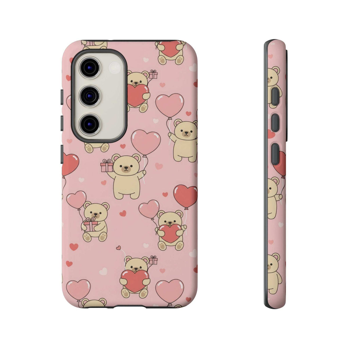 Pink phone case with repeating teddy bears and heart shapes, raised camera openings