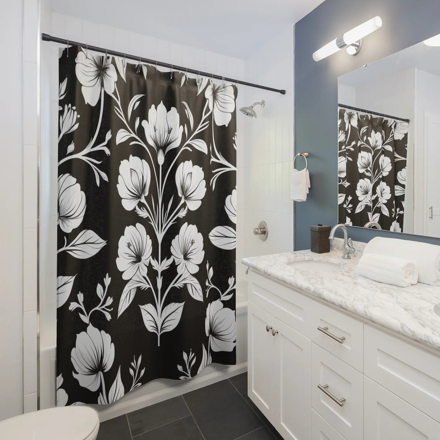 Elegant Black & White Floral Shower Curtains – Stylish Bathroom Decor - KarArmDesign