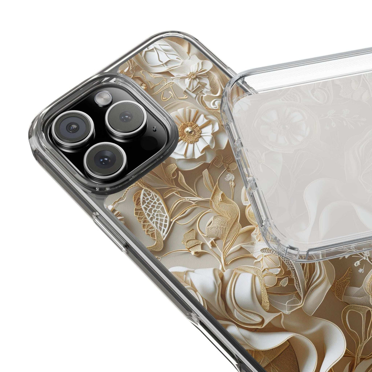 Clear phone case with beige floral pattern and corner camera cutout