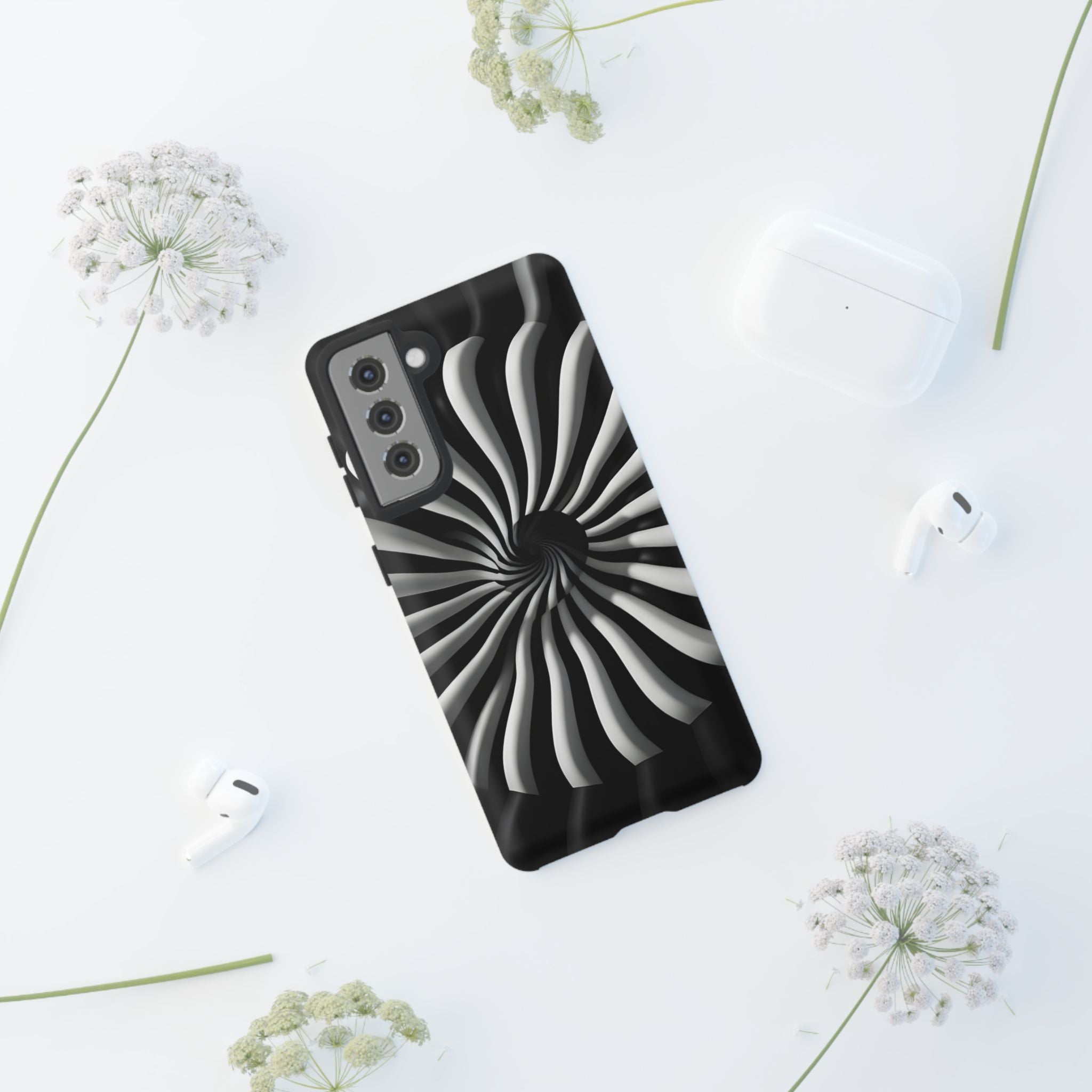 Hypnotic Black and White Spiral Phone Case – Optical Illusion Design for iPhone & Galaxy