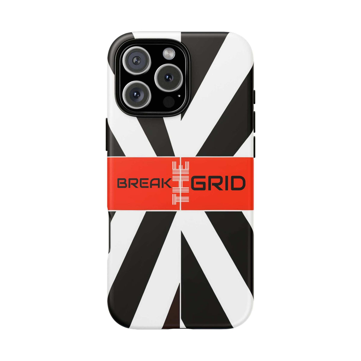Phone case with black-and-white diagonal stripes, red Break Grid band, triple camera cutout