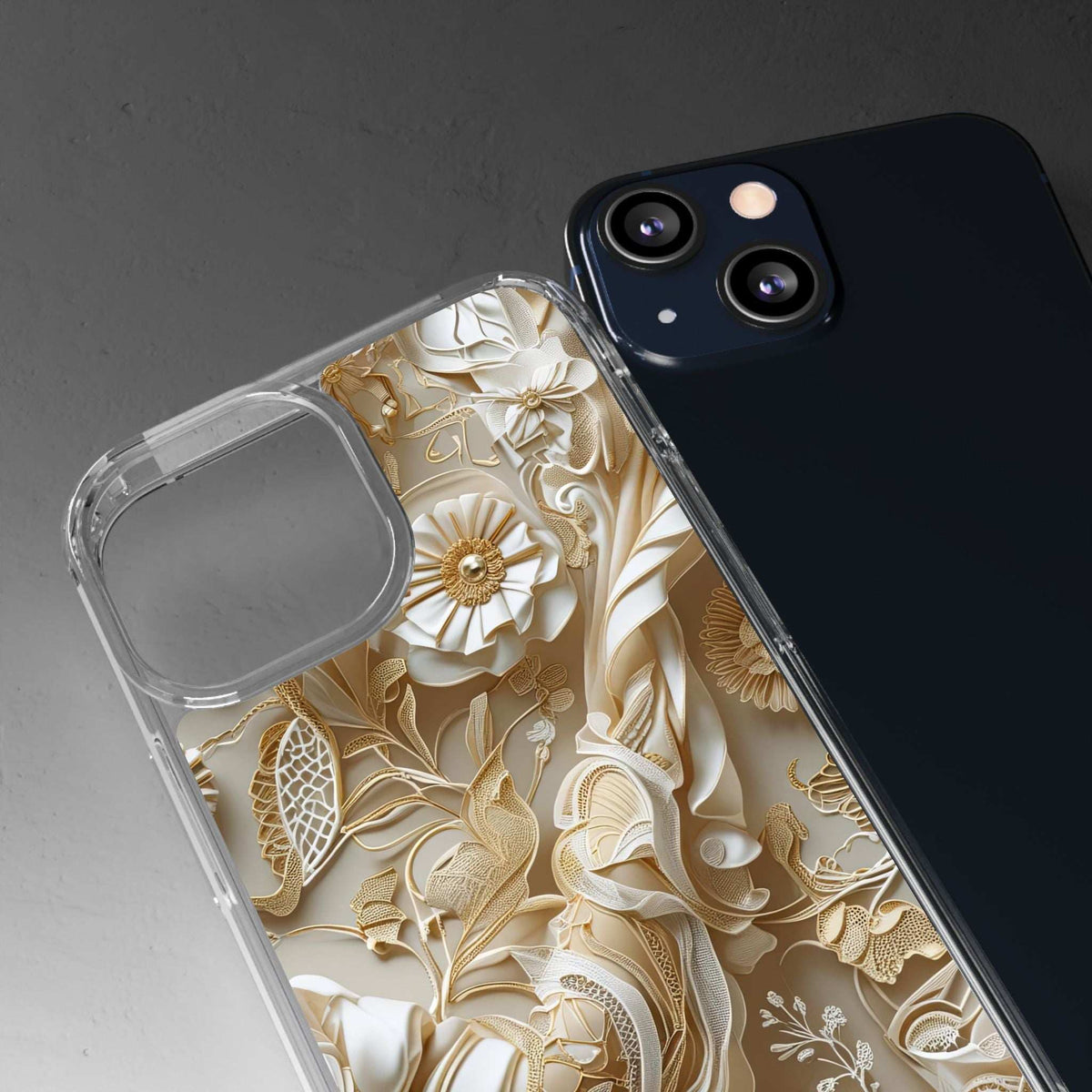 Clear phone case with beige floral pattern and raised square front cover