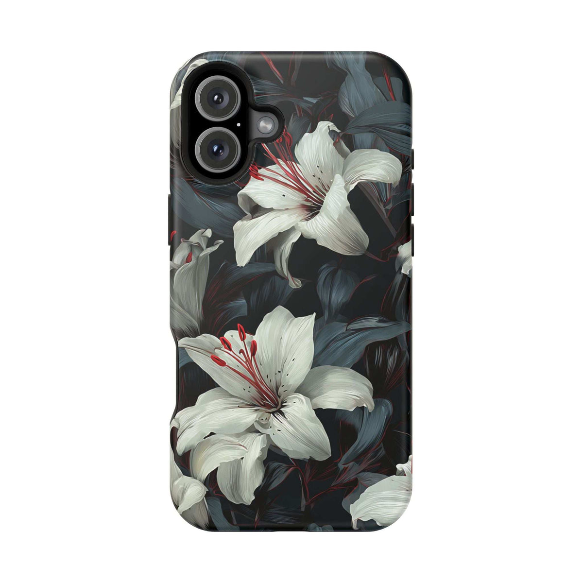 iPhone phone case with white lily blossoms, red speckles, and dark botanical leaf print