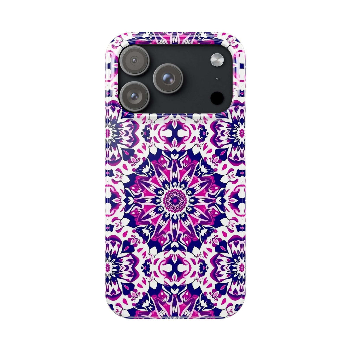 Phone case with purple, pink, and white mandala floral pattern and dark camera bump.