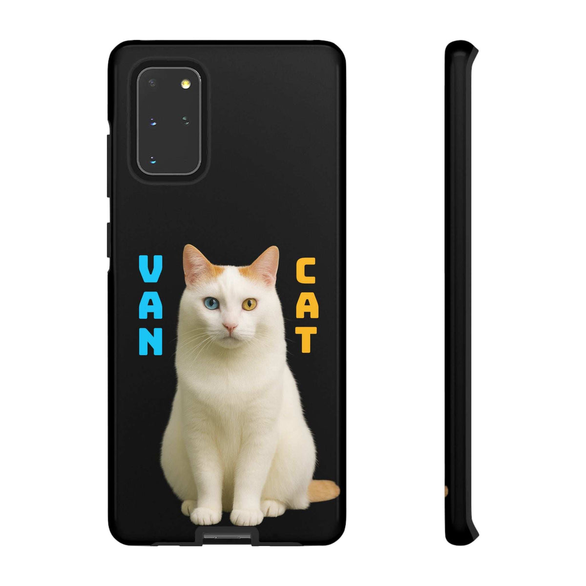 Black glossy phone case with cat artwork and clear camera cutout openings