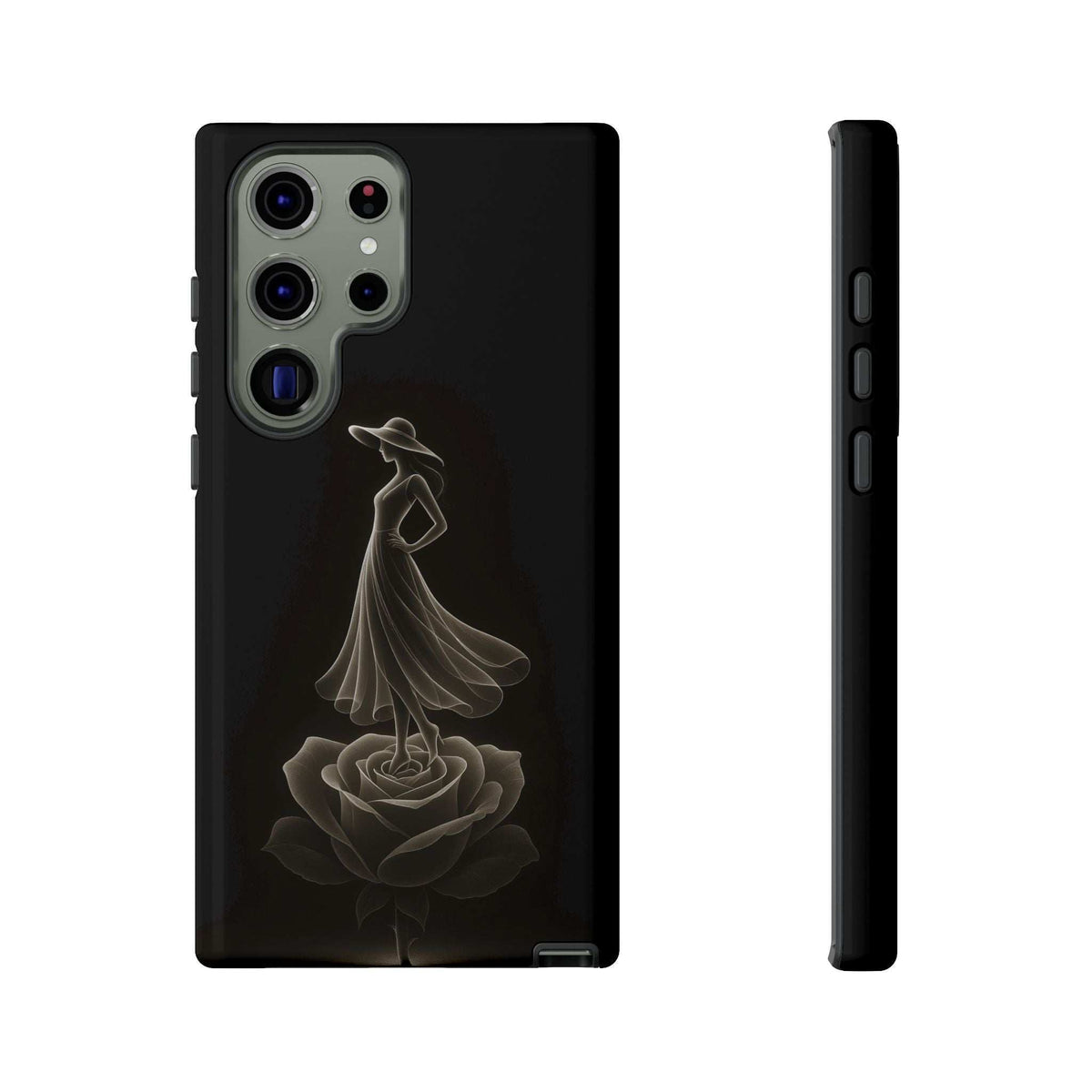 Black glossy phone case with gold ballerina and rose design; side view and camera bump