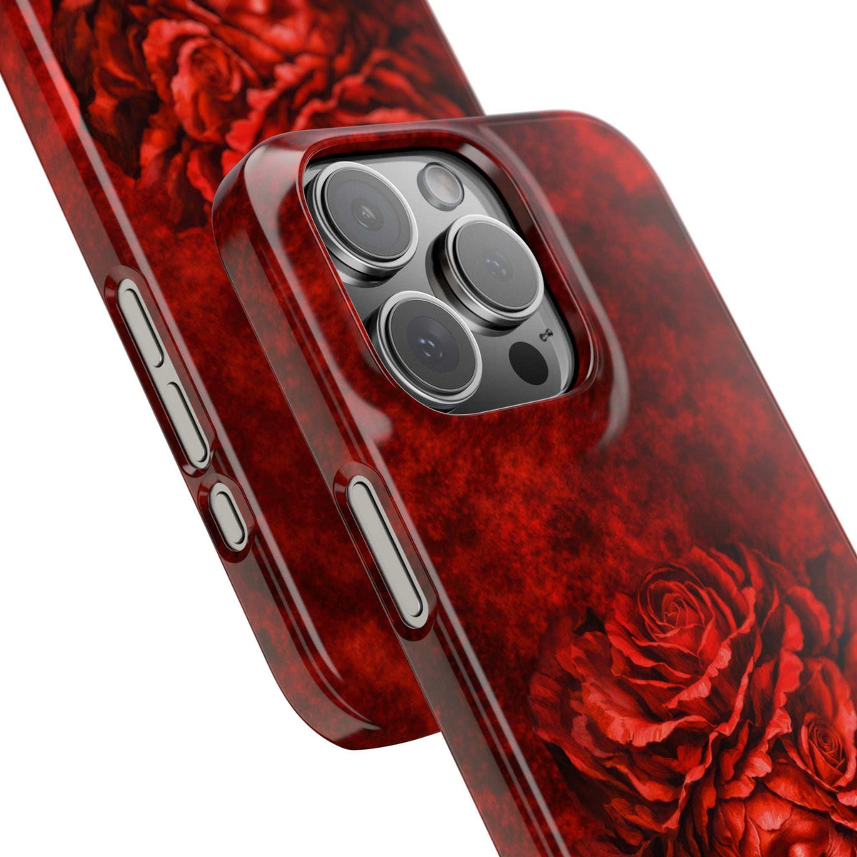 Angled slim phone case with red rose-girl art, side button openings