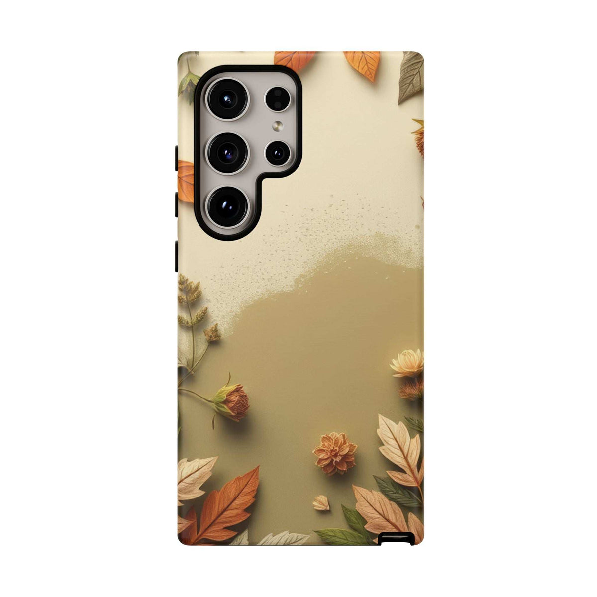 Phone case with beige autumn leaves and small flowers; black camera cutouts visible