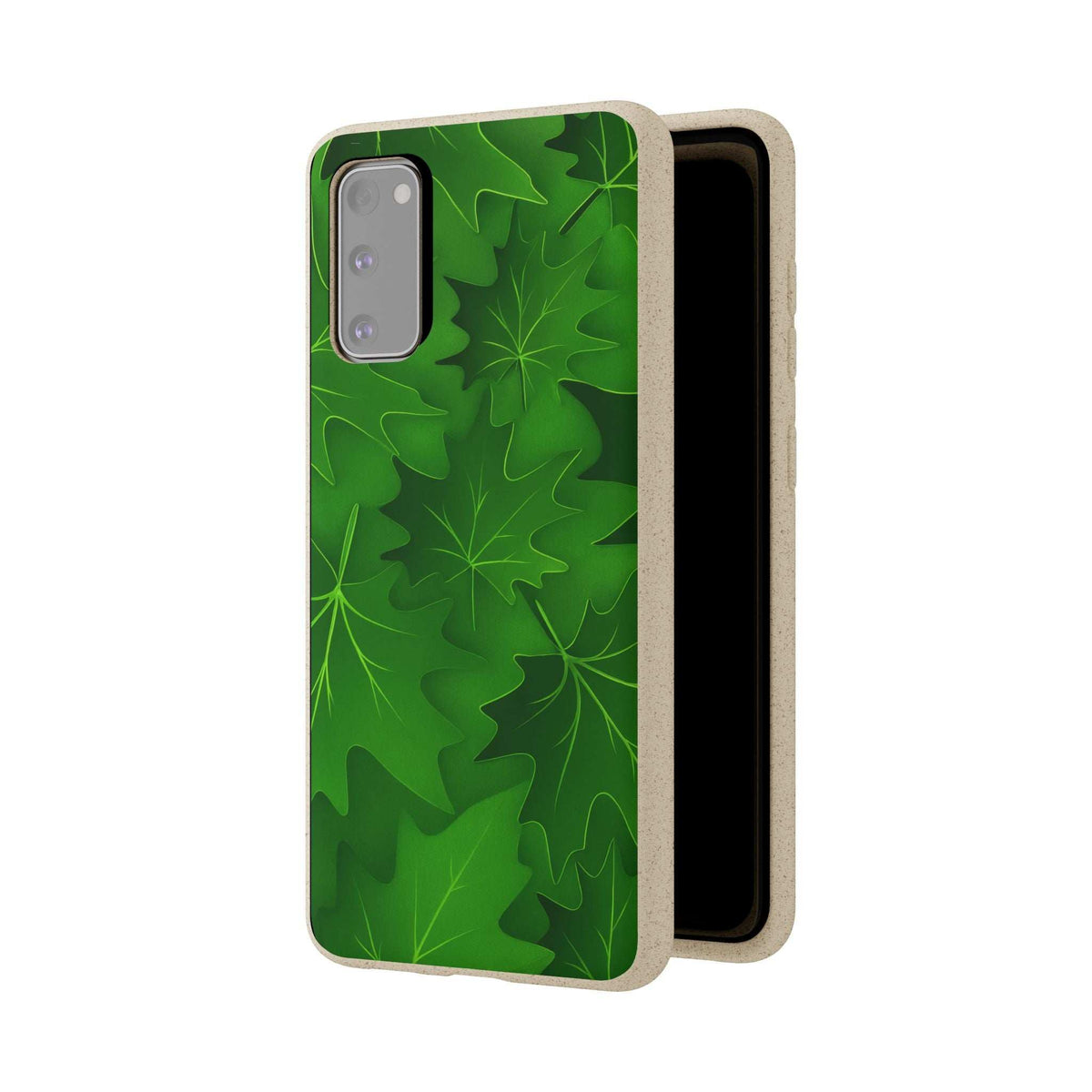 Green botanical leaf phone case with camera cutouts, beige back cover.
