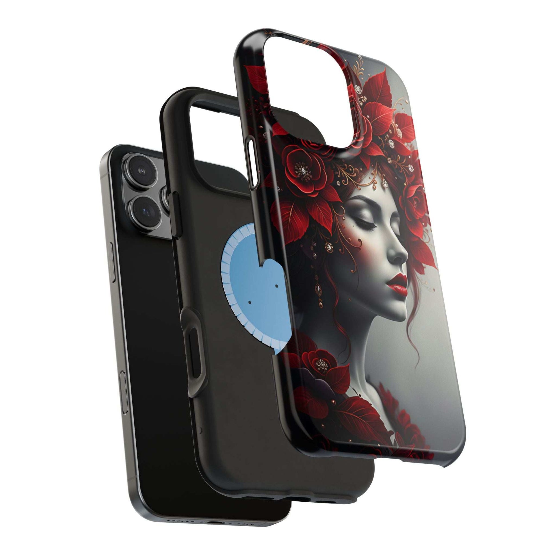 iPhone portrait phone case with red floral woman art, slim form-fitting shell