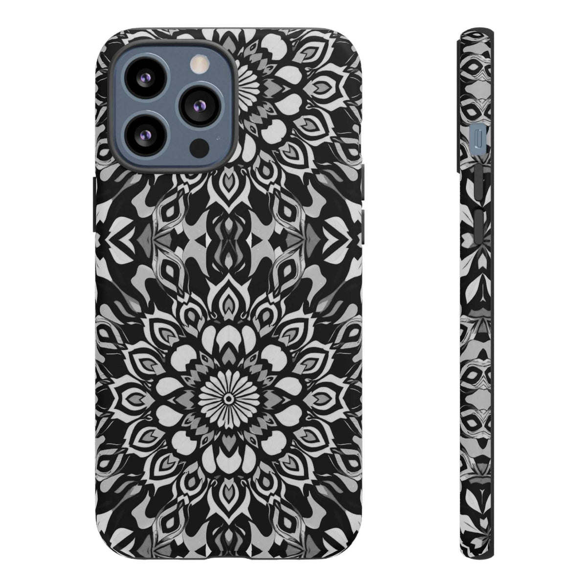 Mandala phone case, black-and-white mandala flower pattern with camera openings and trim