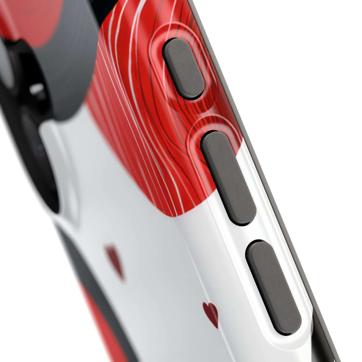 Glossy phone case with red and black stripe design; protected side buttons