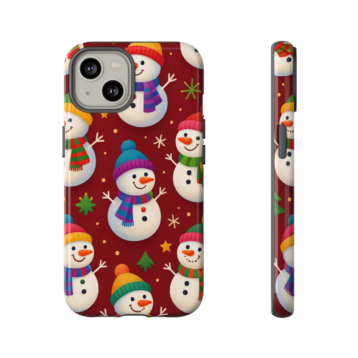 Glossy phone case with snowman parade design; visible camera opening and slim side profile.