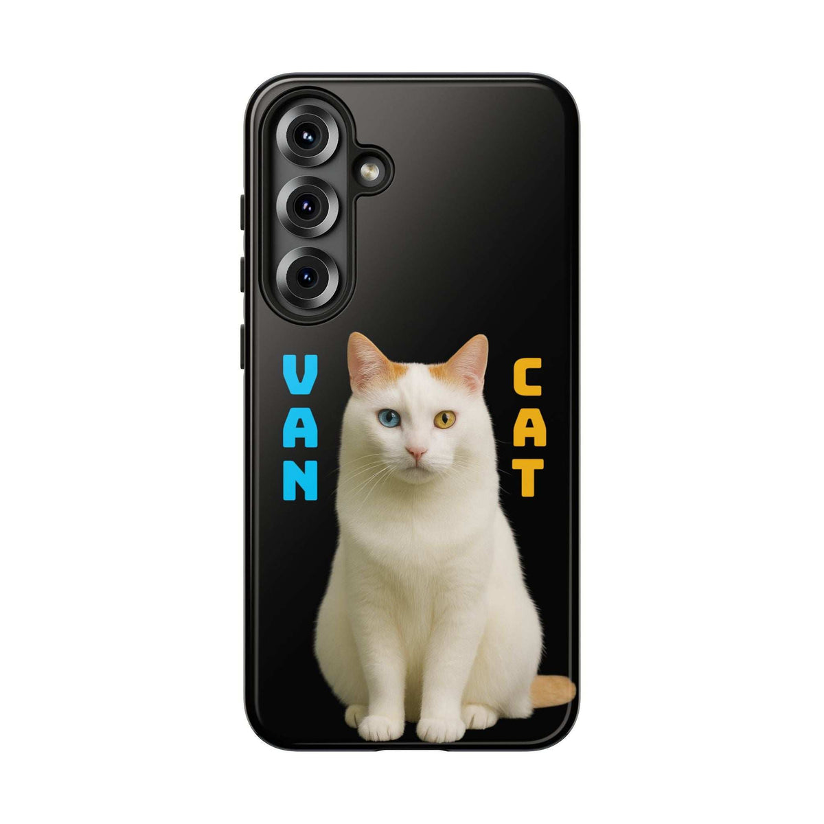 Glossy black phone case with seated white cat graphic and raised camera lens openings (front).