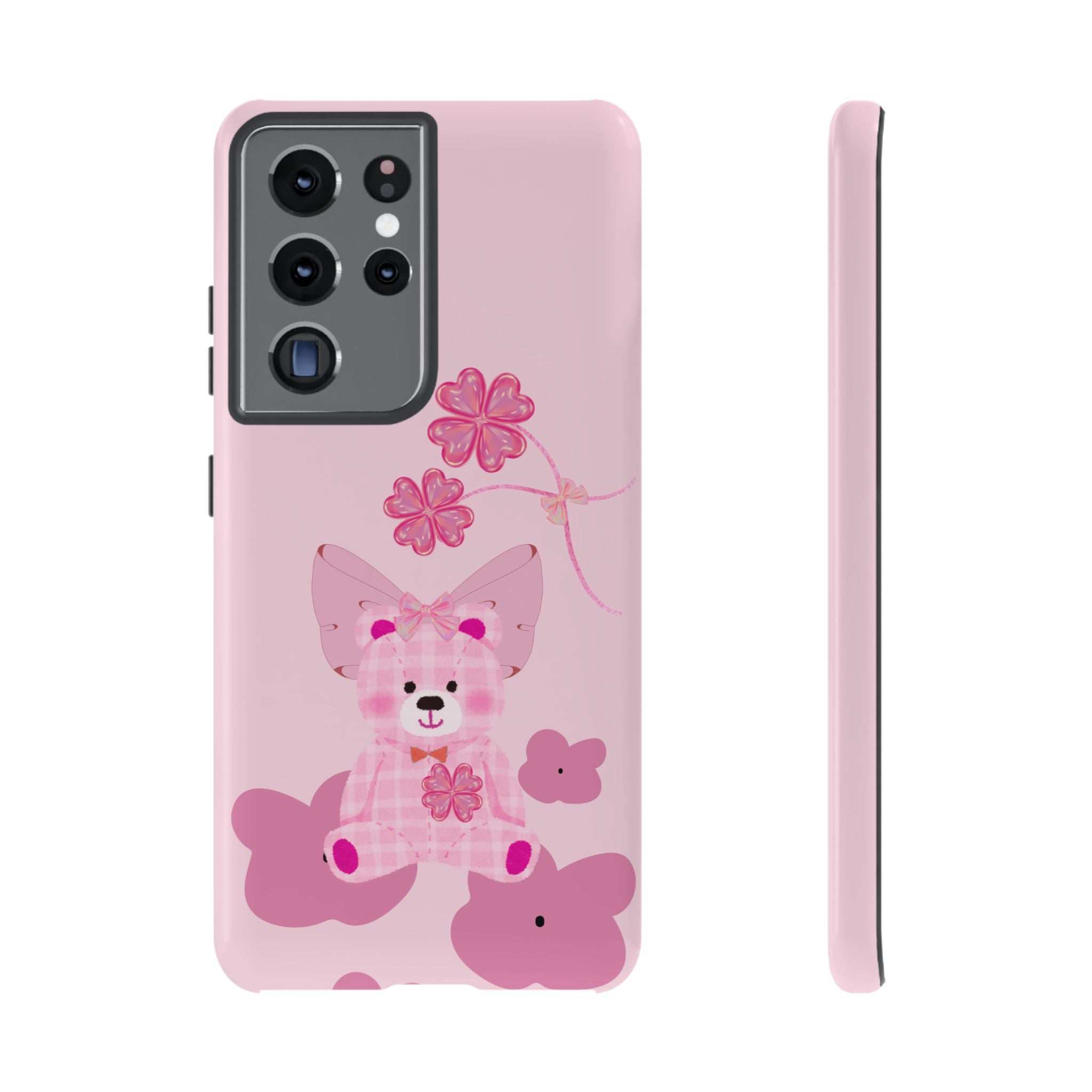 Pink phone case with teddy bear graphic and flowers; triple camera cutout and buttons.