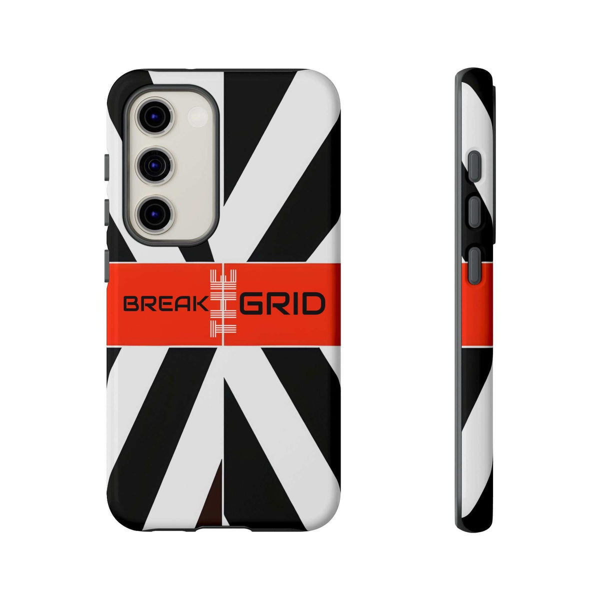 Phone case with black-and-white geometric stripes, red "Break Grid" band, front and side view.