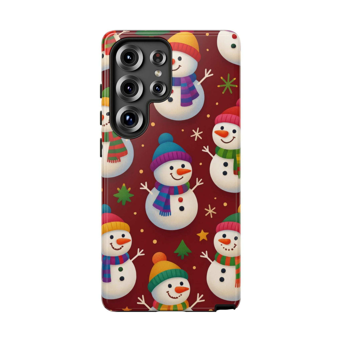 KARARMDESIGN glossy festive snowmen phone case, close view of camera cluster on patterned back