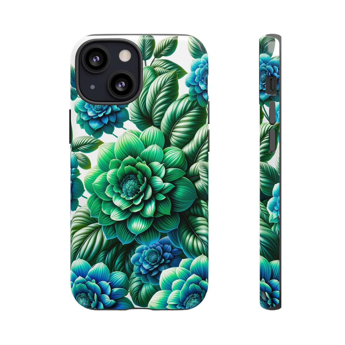 Green & blue floral phone case with peony blooms and leaves, slim side profile