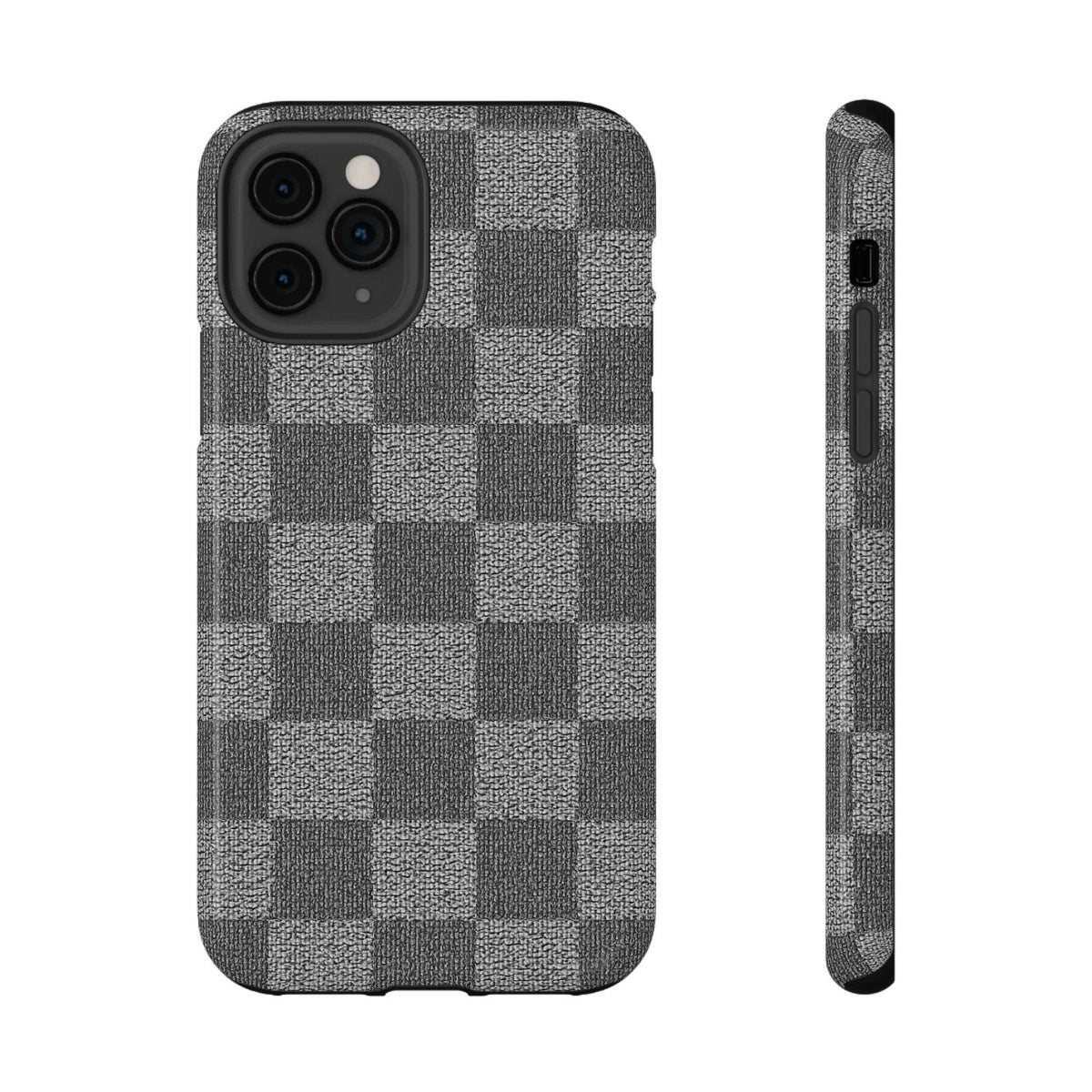 Gray checkered phone case with cutout for triple cameras, textured fabric back