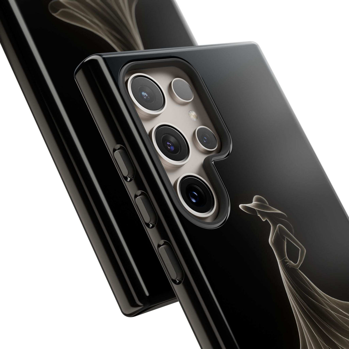 Glossy black phone case with rose design, camera cutouts and raised edges