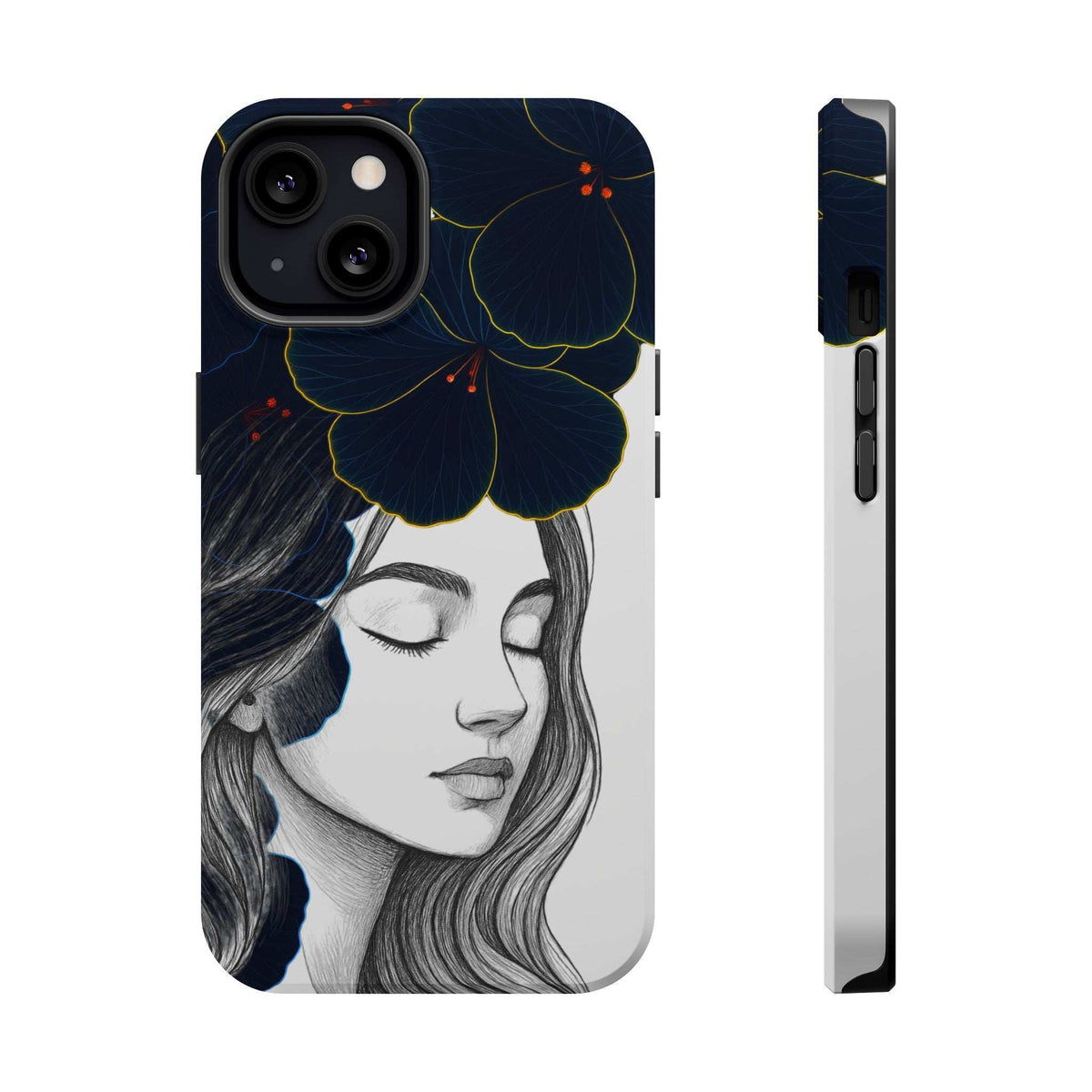 Dark floral iPhone-style phone case with grayscale woman portrait, blue flowers