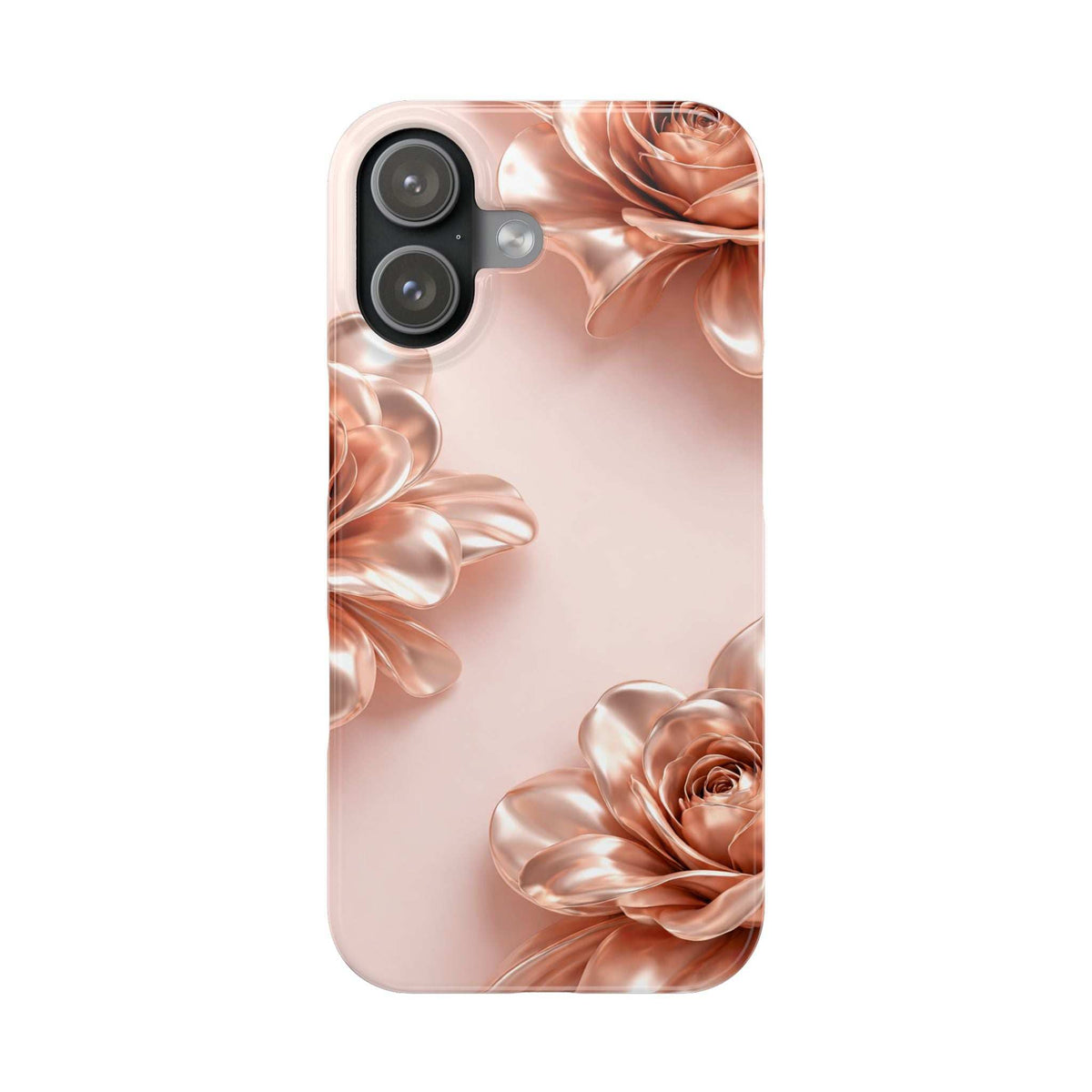 Blush pink case with metallic rose flower artwork near top and bottom edges.