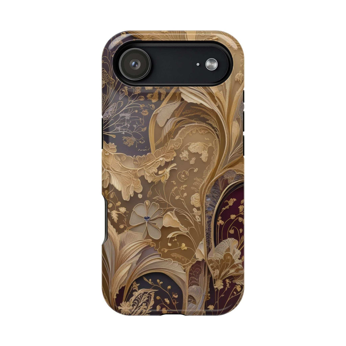 Botanical phone case with gold and dark brown floral art, long camera bar cutout