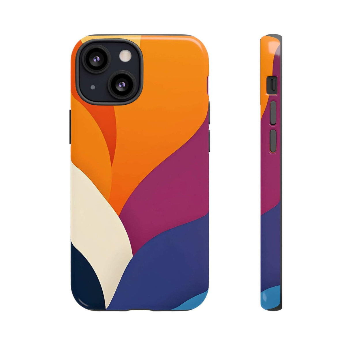 Abstract phone case with orange, magenta, navy, and cream shapes; raised camera cutout.