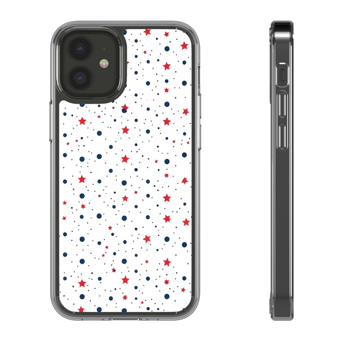 Clear phone case with white polka dots and red/blue stars; front and side buttons shown.