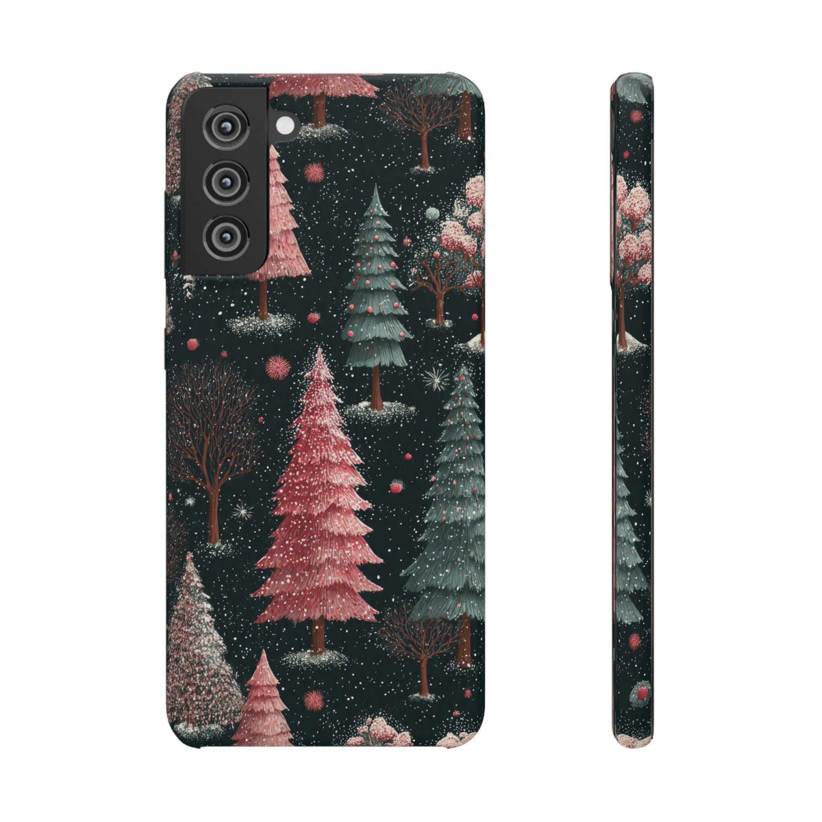 Forest-themed glossy phone case, snowy pine tree print with pink-red trees; camera cutouts.