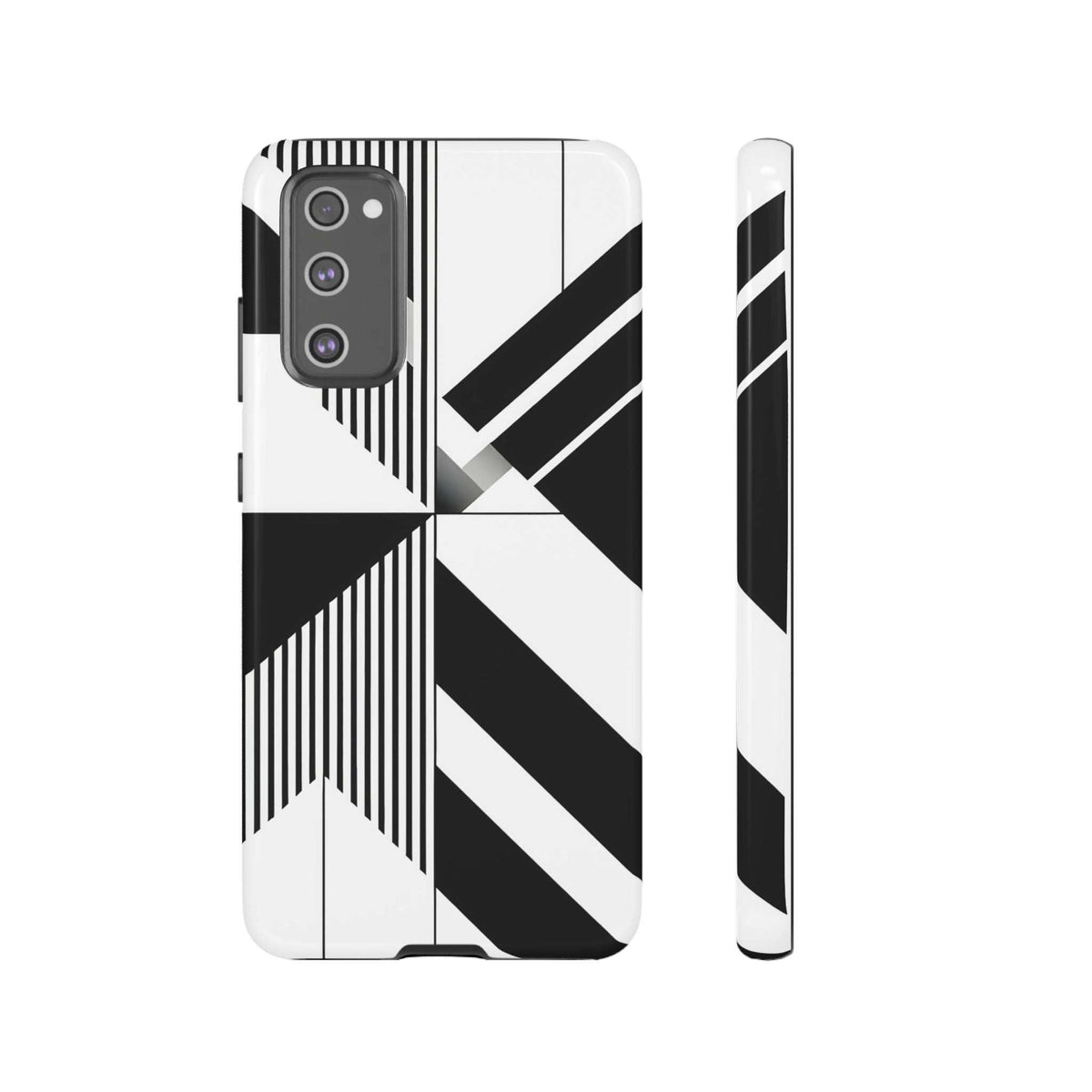 Tough phone case with black-and-white geometric design, showing back and slim side.