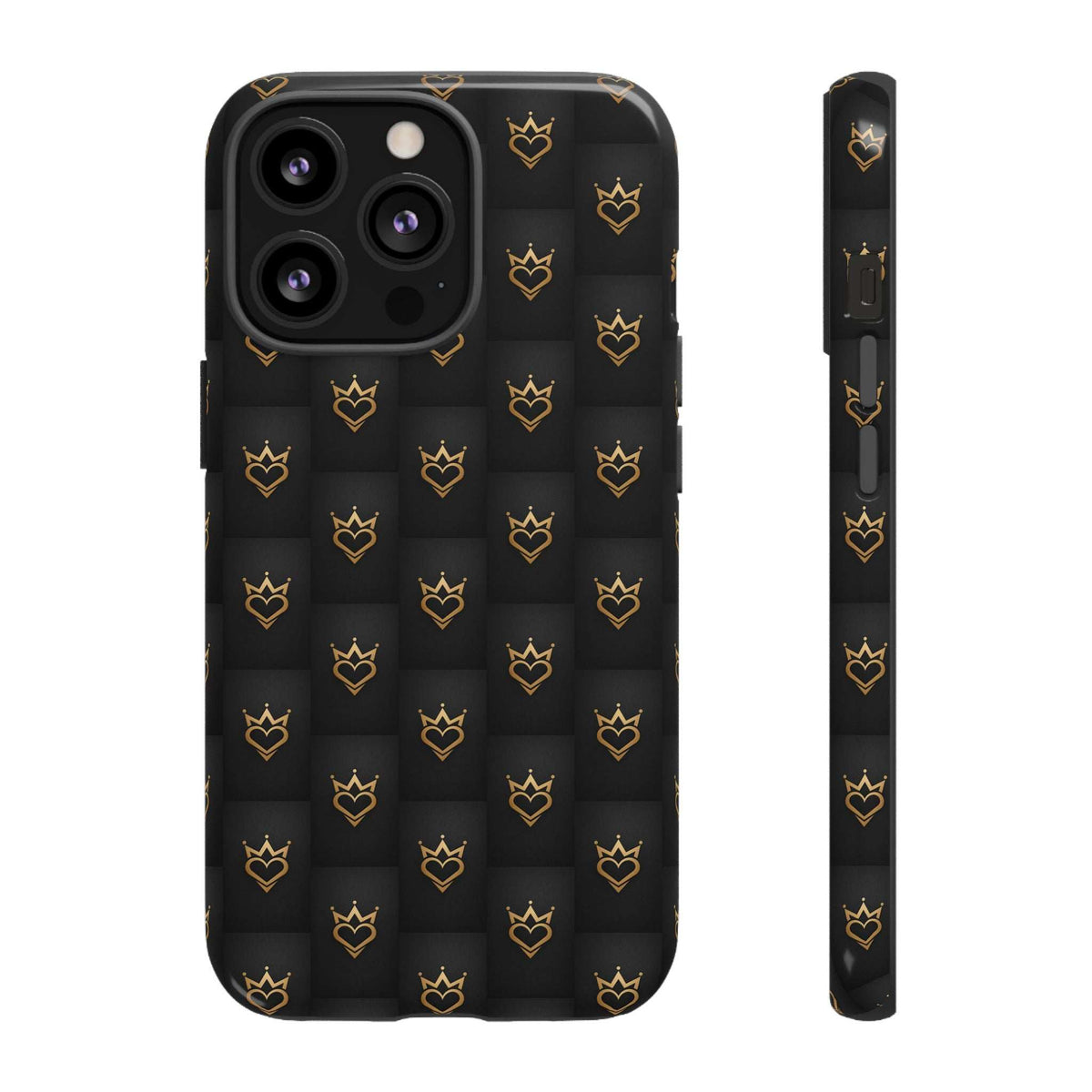 Glossy black phone case with gold crown doodles and hearts, smooth back and camera lenses