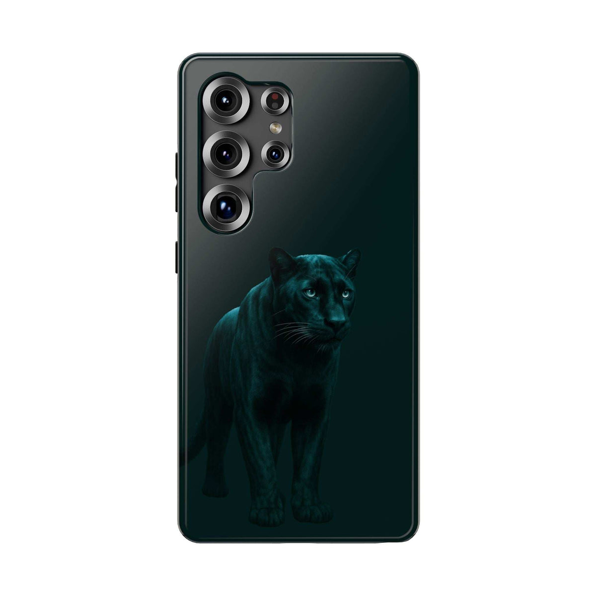 Phone case with dark panther graphic, multi-camera cutouts on back, and side button openings