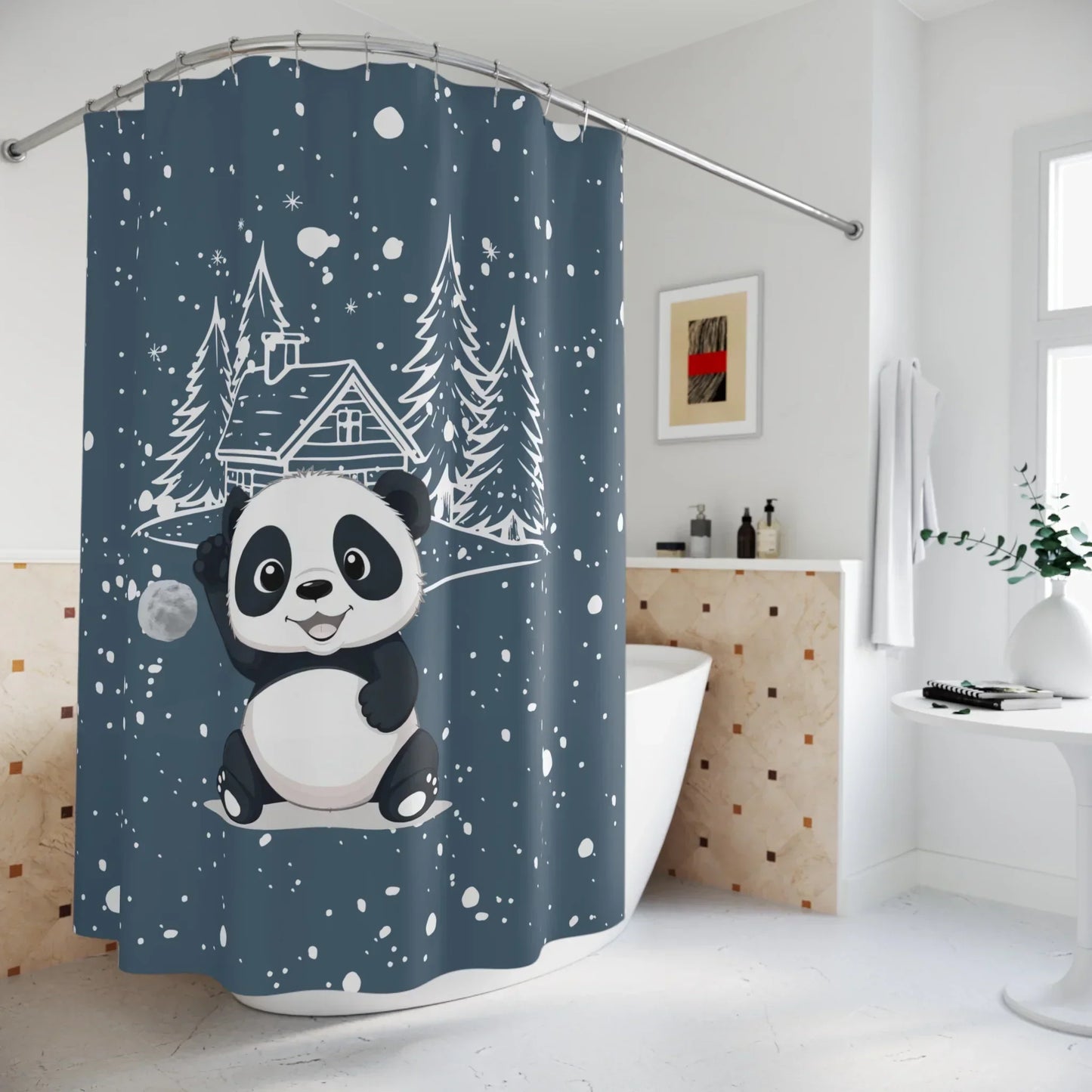 Cute Panda in Snowy Forest Shower Curtain – Cozy Winter Bathroom Decor - KarArmDesign