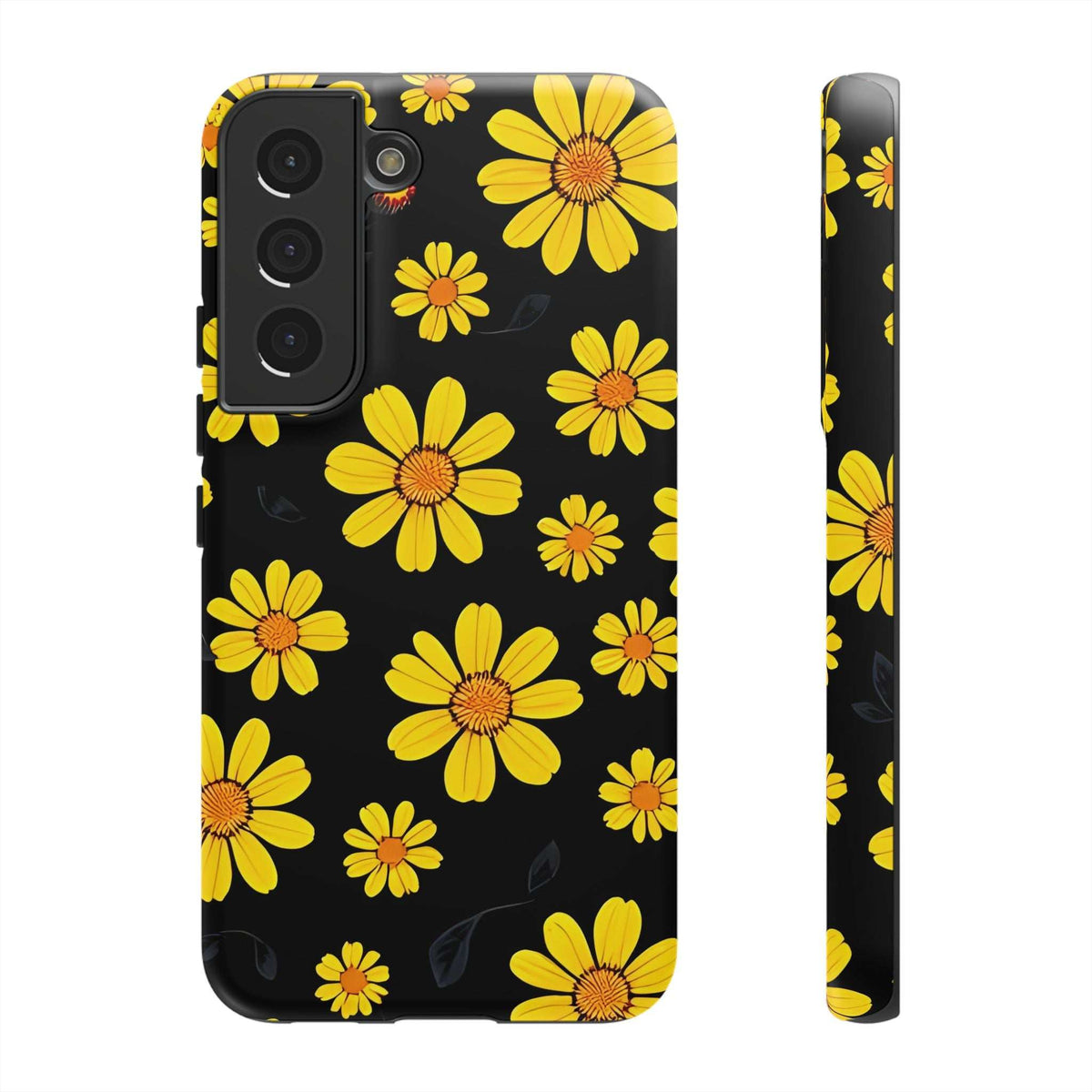 Phone case with black background and yellow daisy floral pattern, raised camera housing on back