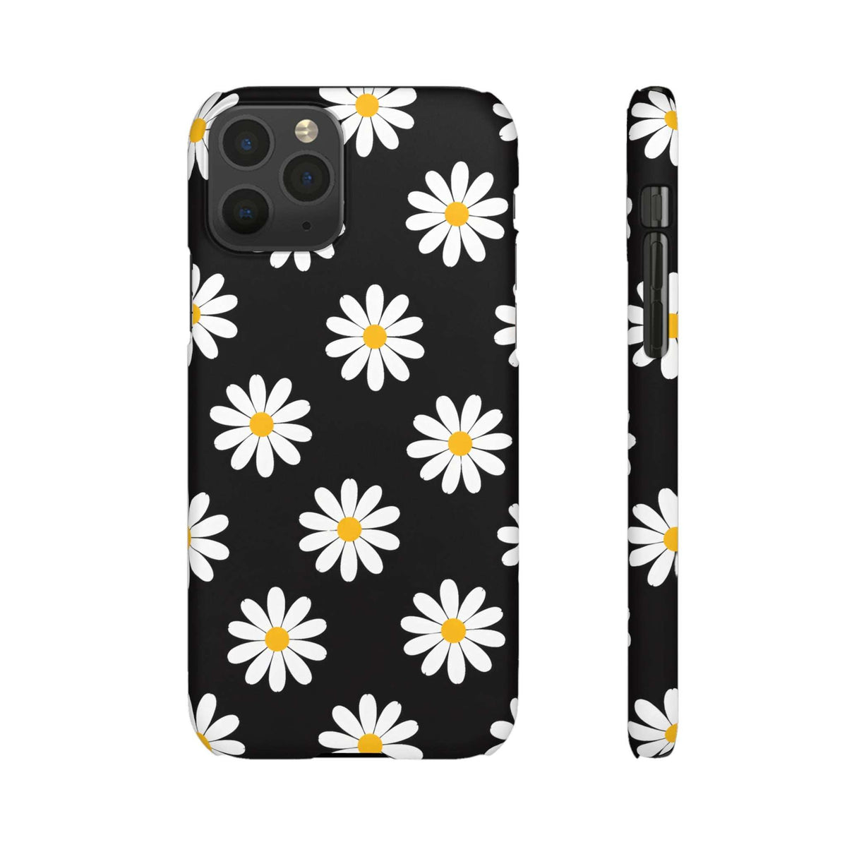 Black phone case with white daisy print and yellow centers, including back and side views.