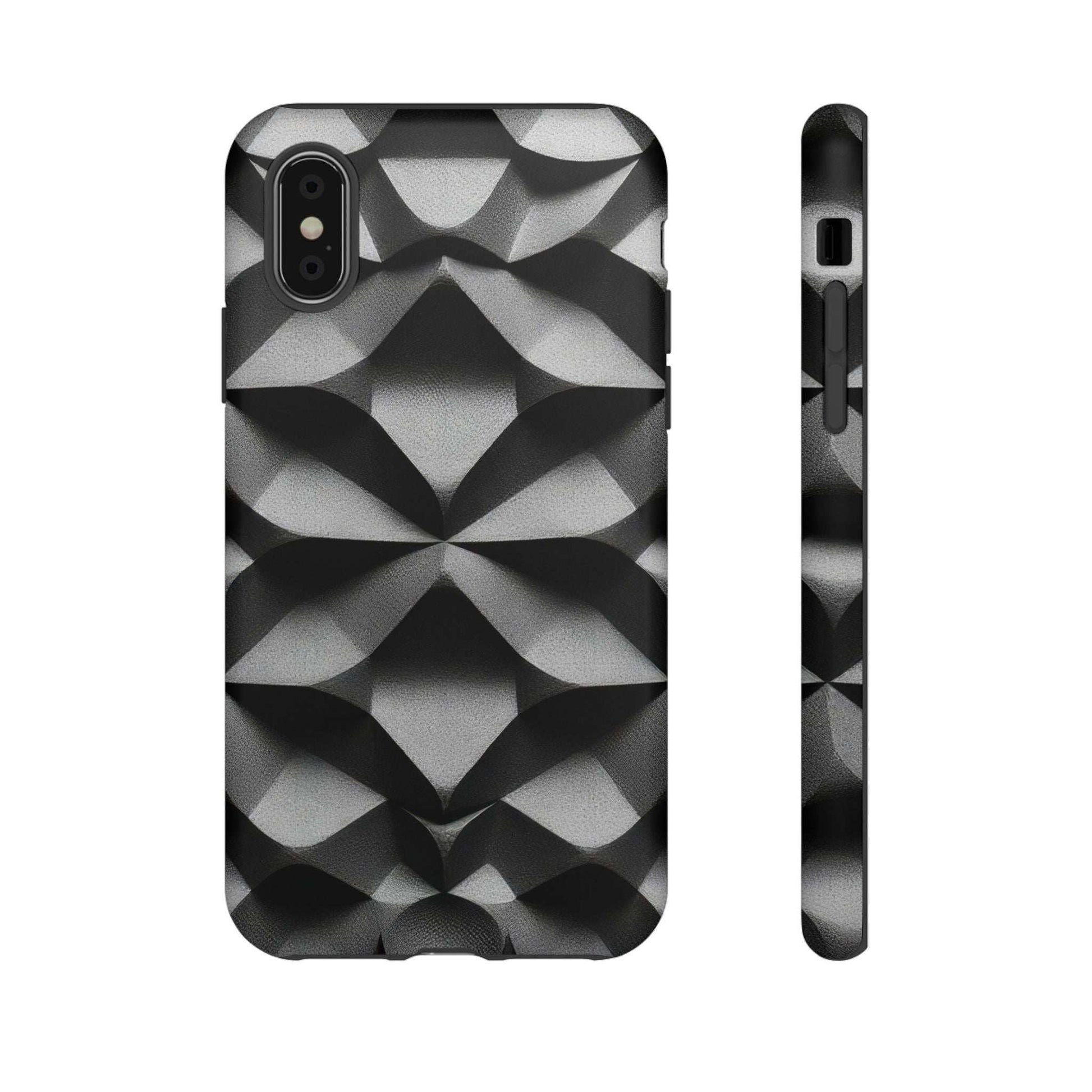 Tough phone case with black and silver geometric diamond pattern, front camera cutout