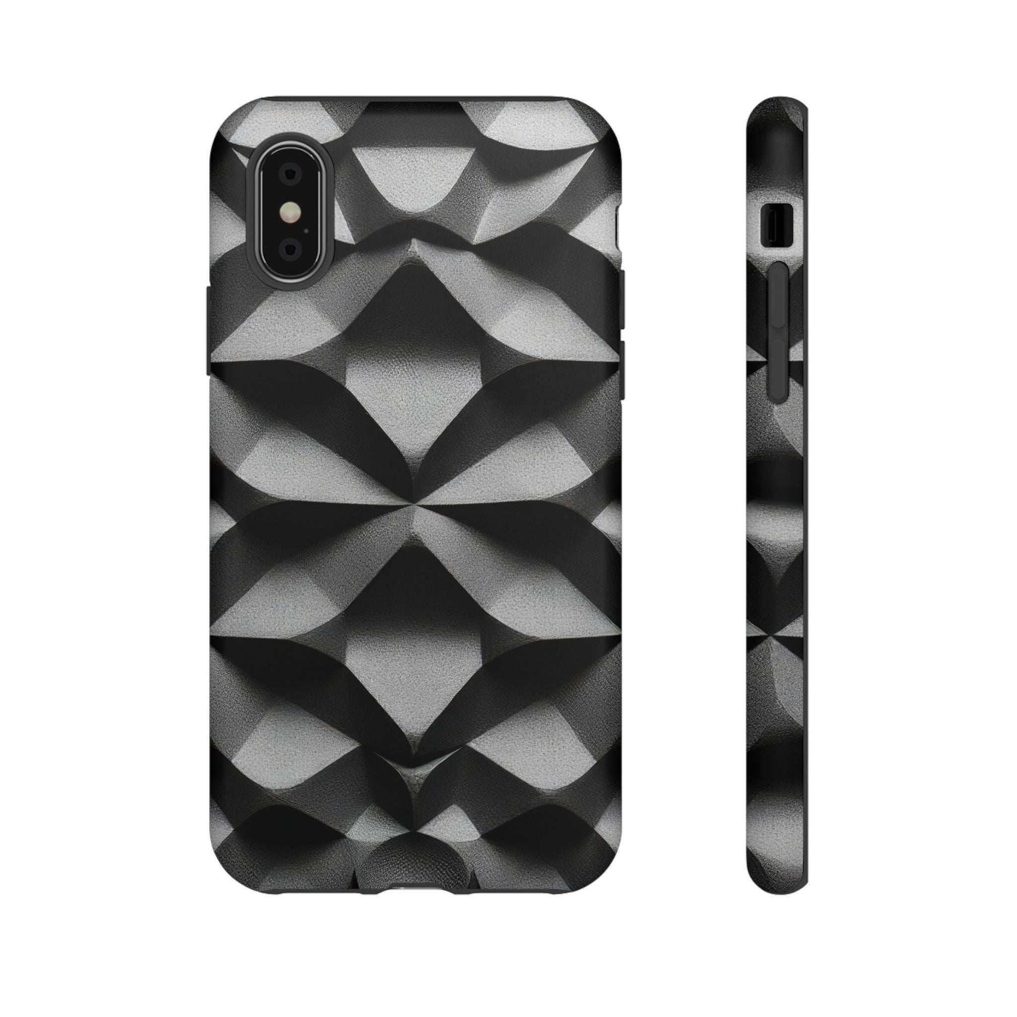 Tough phone case with black and silver geometric diamond pattern, front camera cutout