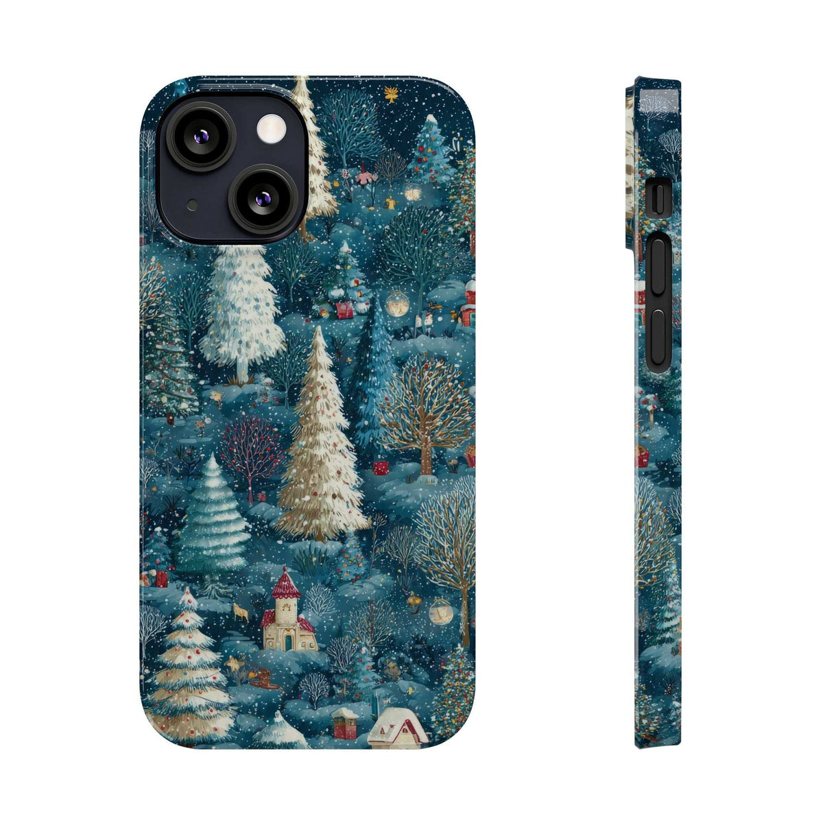 Frosty forest phone case with snowy trees, house details, and rear camera cutouts.