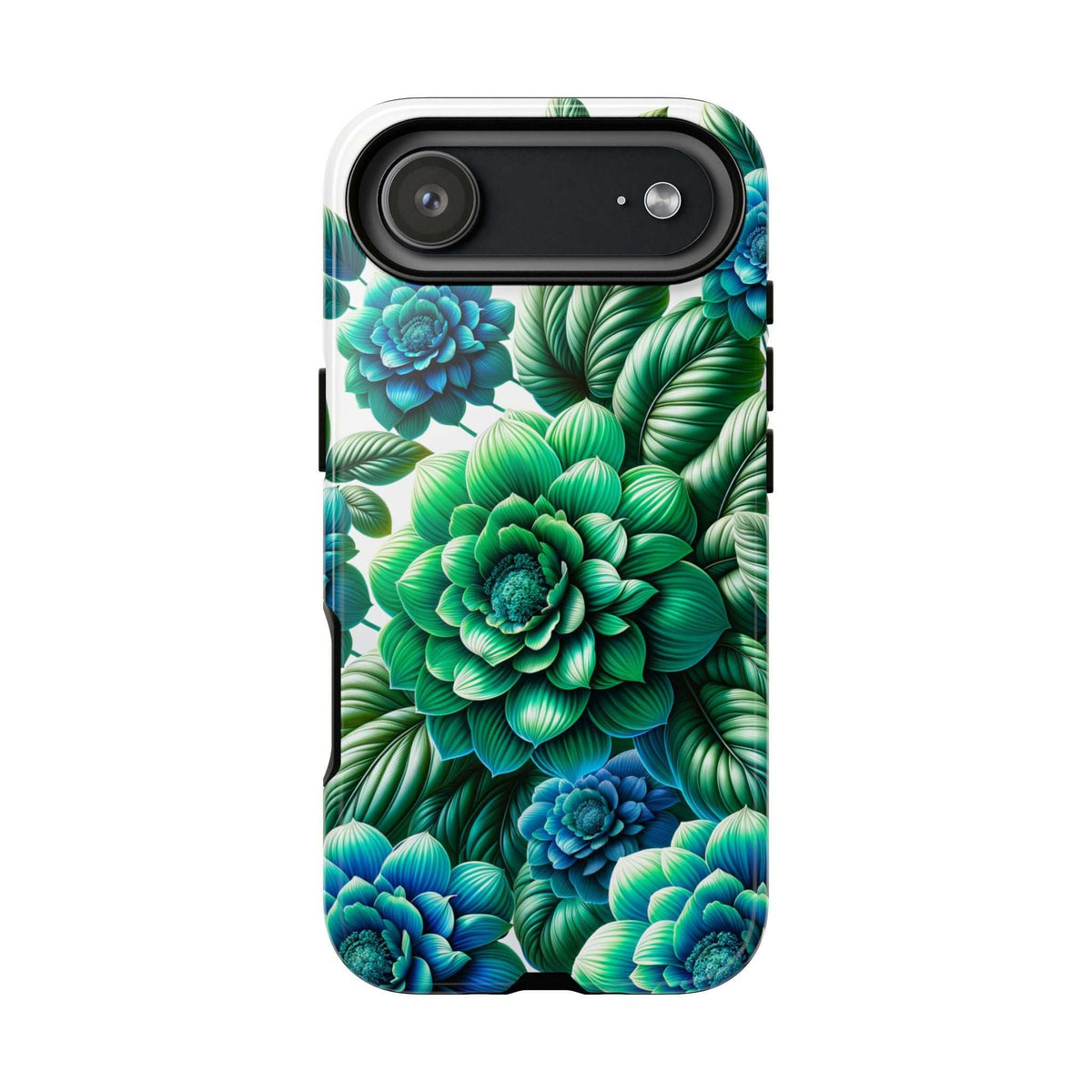 Green and blue floral phone case with side camera cutout and leaf-flower pattern