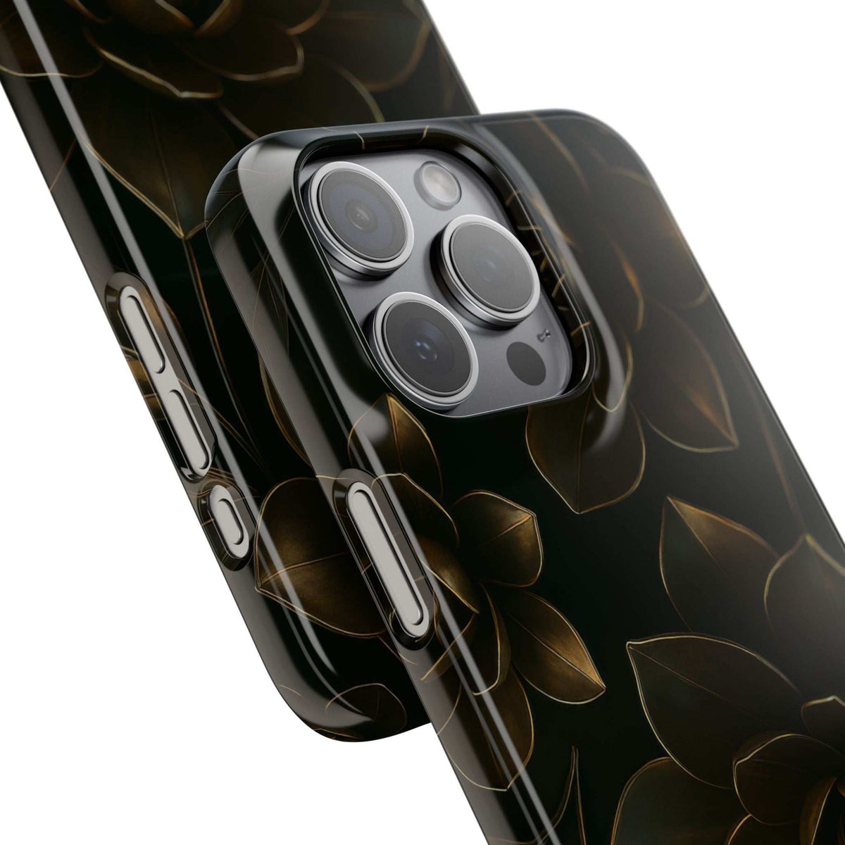 Glossy black phone case with gold floral pattern, side grip and raised camera area