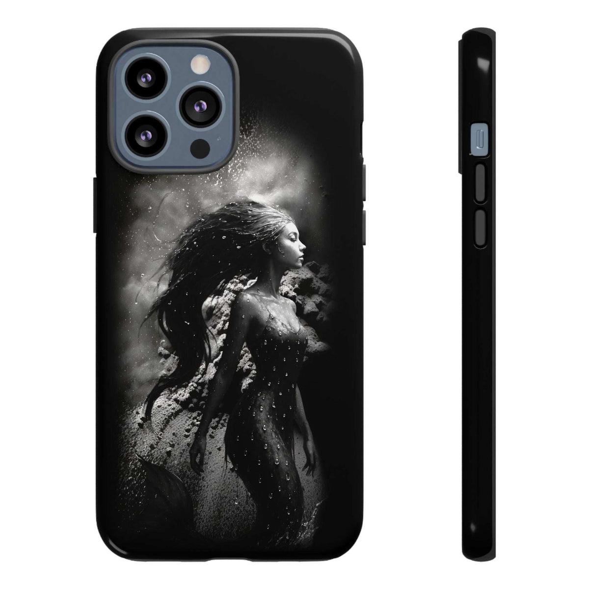 Black phone case with monochrome mermaid graphic; front camera cutouts and raised bumper