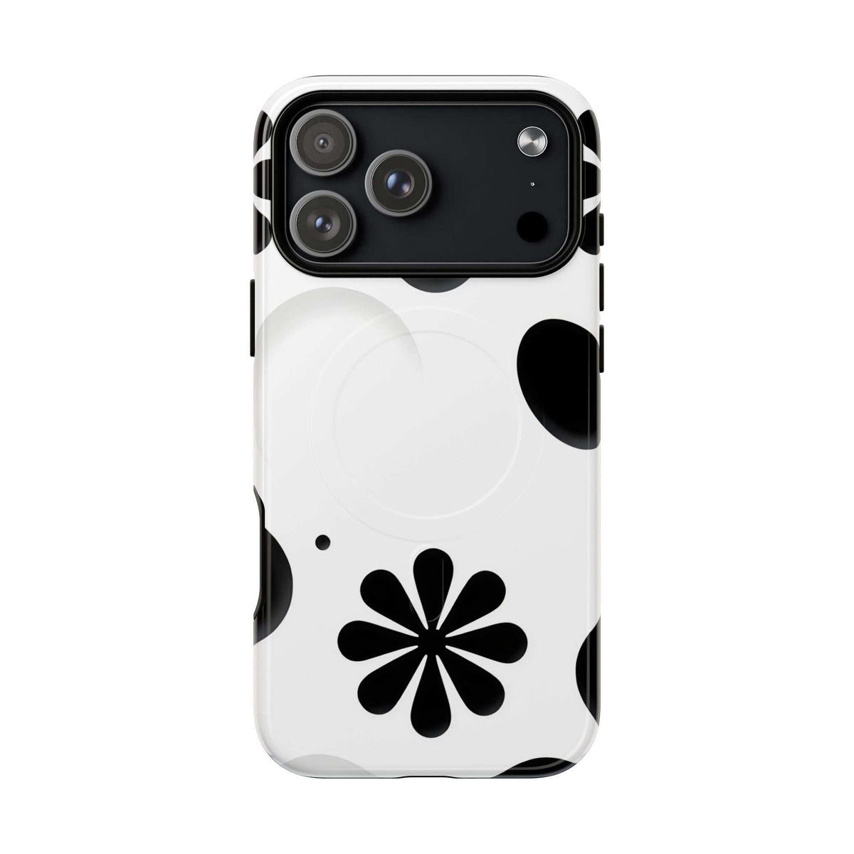 White phone case with black flower print, camera cutout, and magnetic side grips