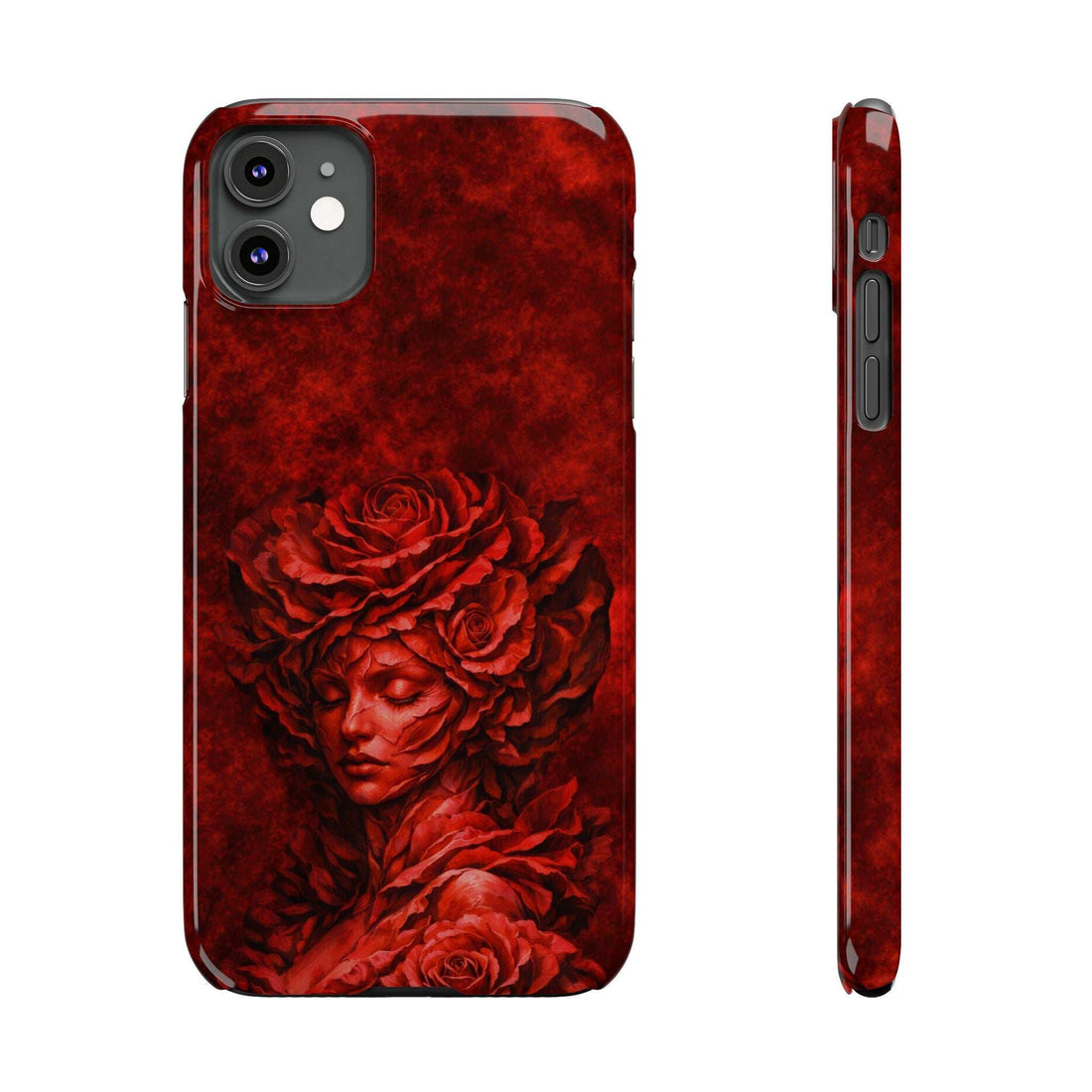 Red slim iPhone case with rose-and-woman face artwork and black camera cutouts.