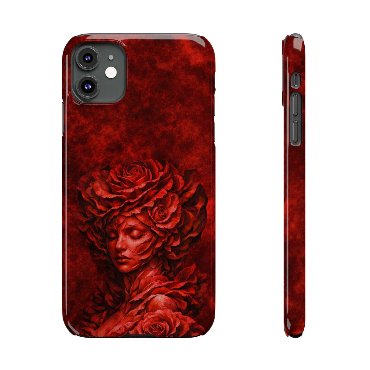 Red slim iPhone case with rose-and-woman face artwork; side view shows button cutouts.