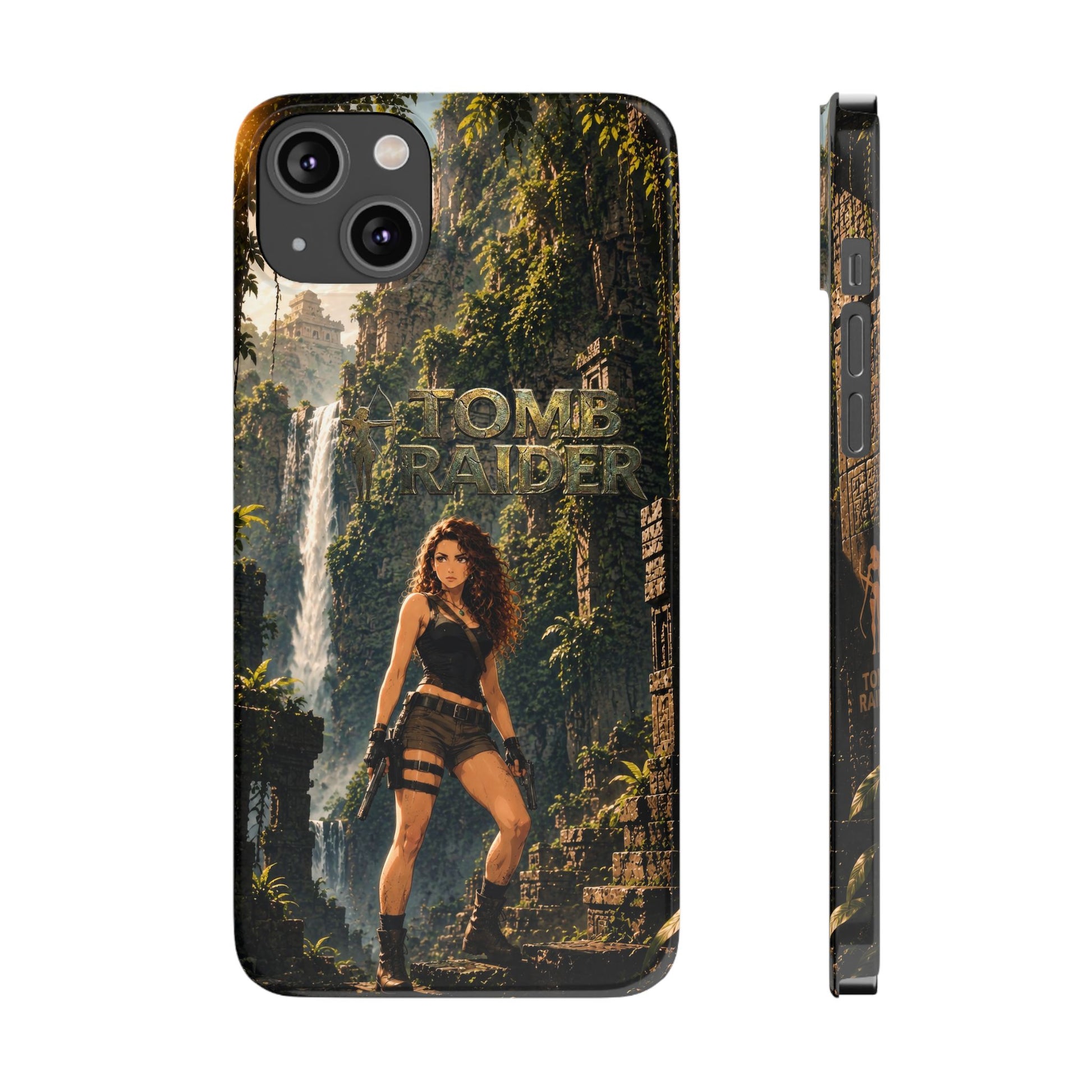 Tomb Raider phone case for iPhone, dark artwork panel, side view with camera cutouts