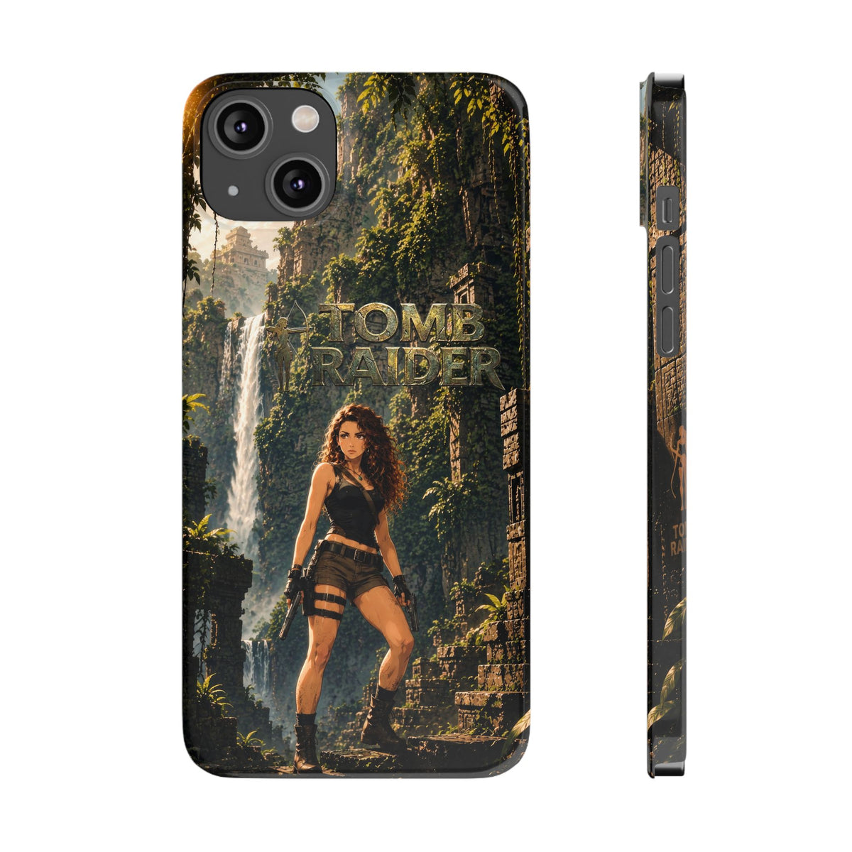 Tomb Raider phone case for iPhone, dark artwork panel, side view with camera cutouts